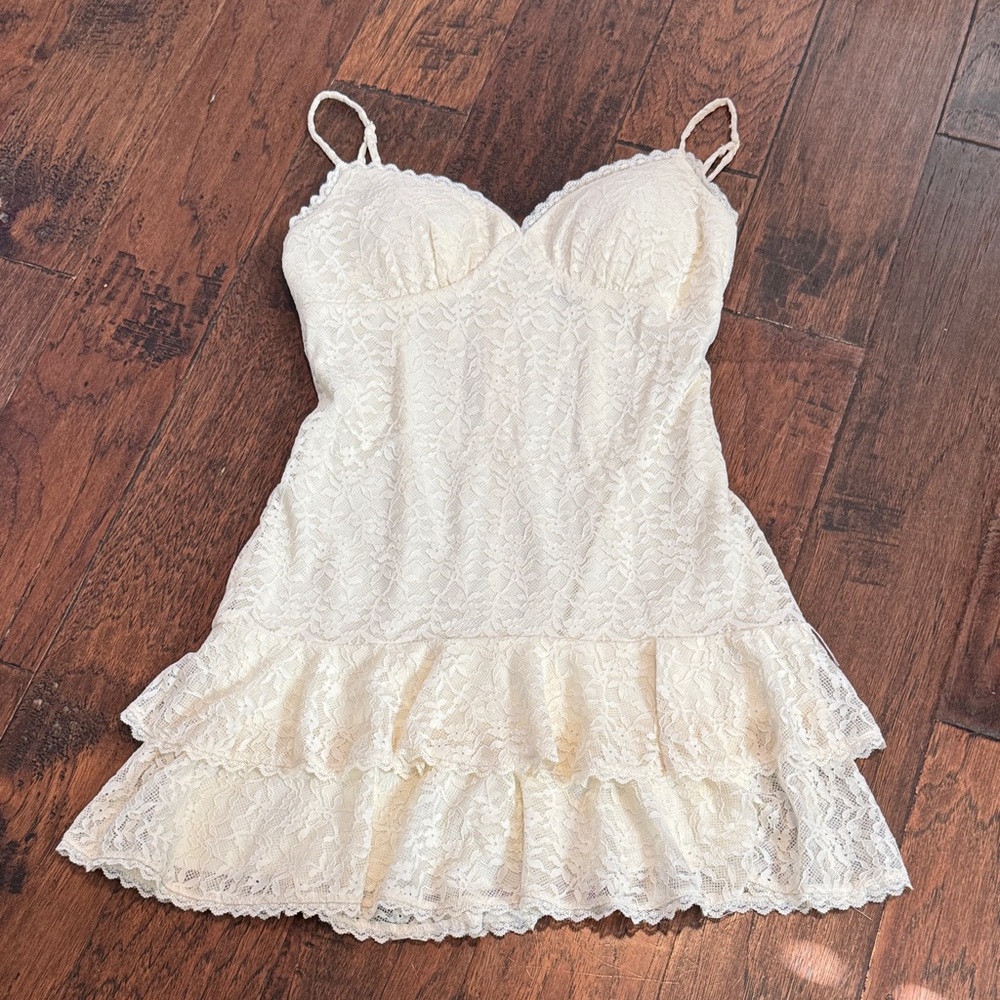 Lace-Trimmed Cream Slip Dress